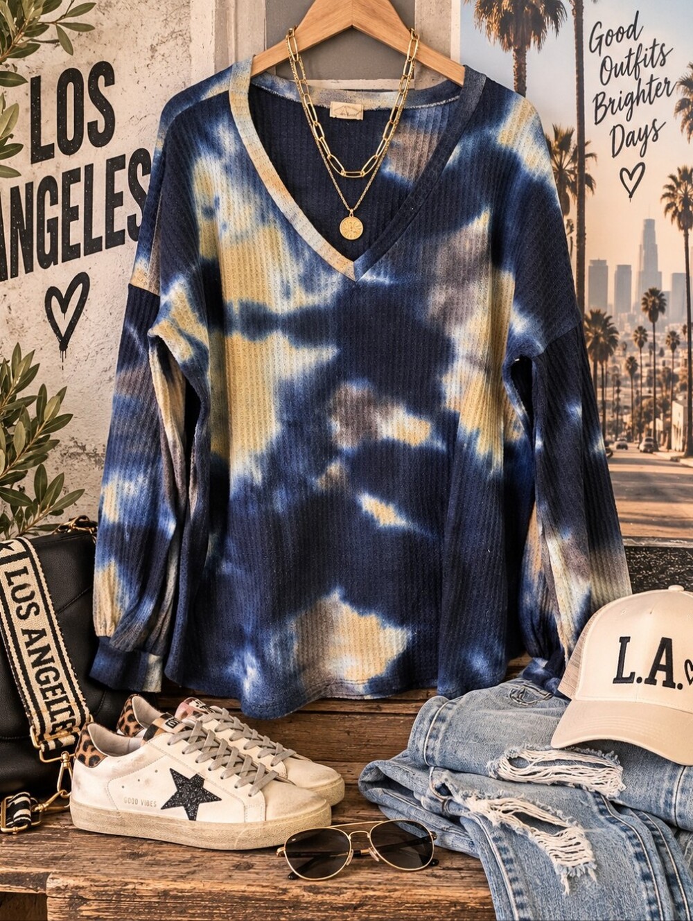 BiBi Tie Dye Waffle Knit V-Neck Oversized Top Blue Cream L
